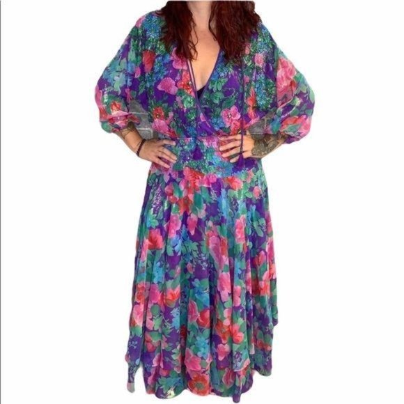 Vintage 90s Diane Freis Original Georgette Floral Maxi Dress Large - Picture 1 of 16